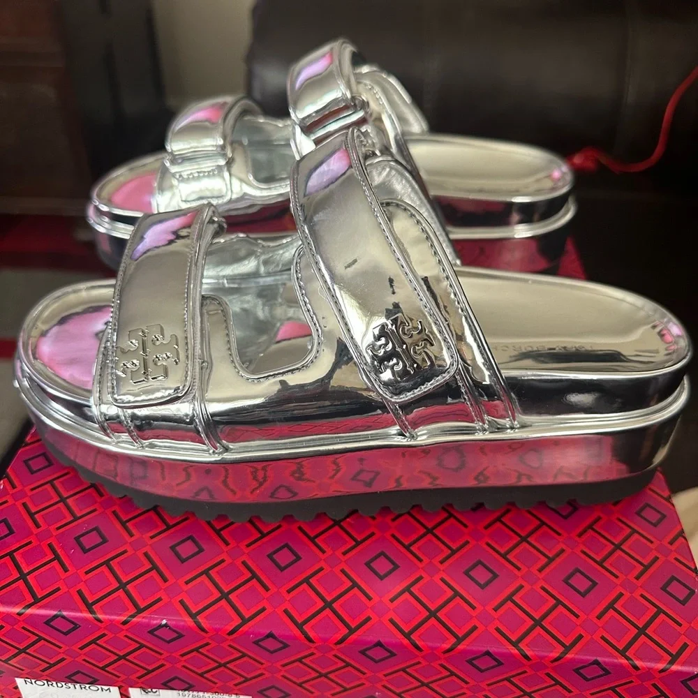 Tory Burch Silver Metallic Platform Slide Sandals